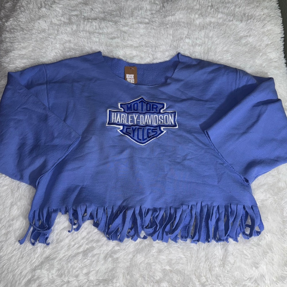 Harley Davidson Sweatshirt Womens XL Blue Good‎ Reworked Fringe Crop Pullover
